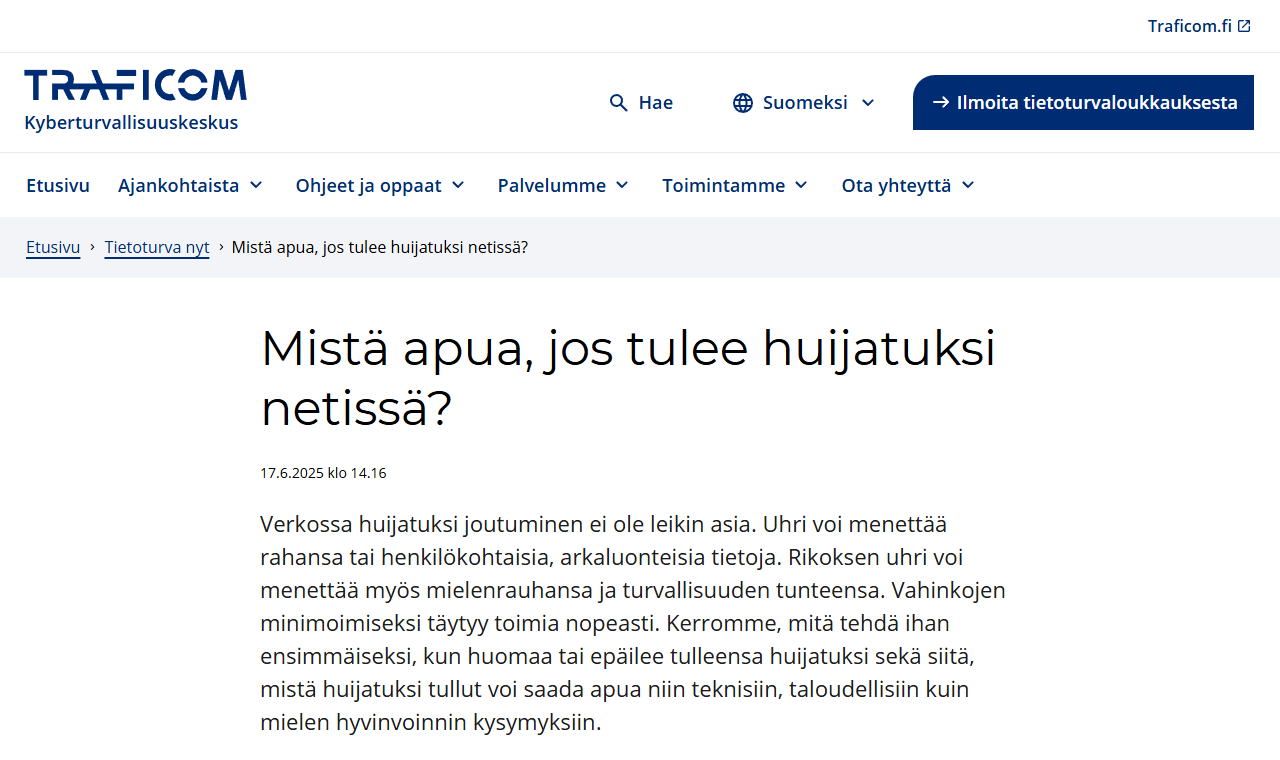 Kyberturvallisuuskeskuksen ohje: mistä saa apua, jos joutuu huijatuksi netissä