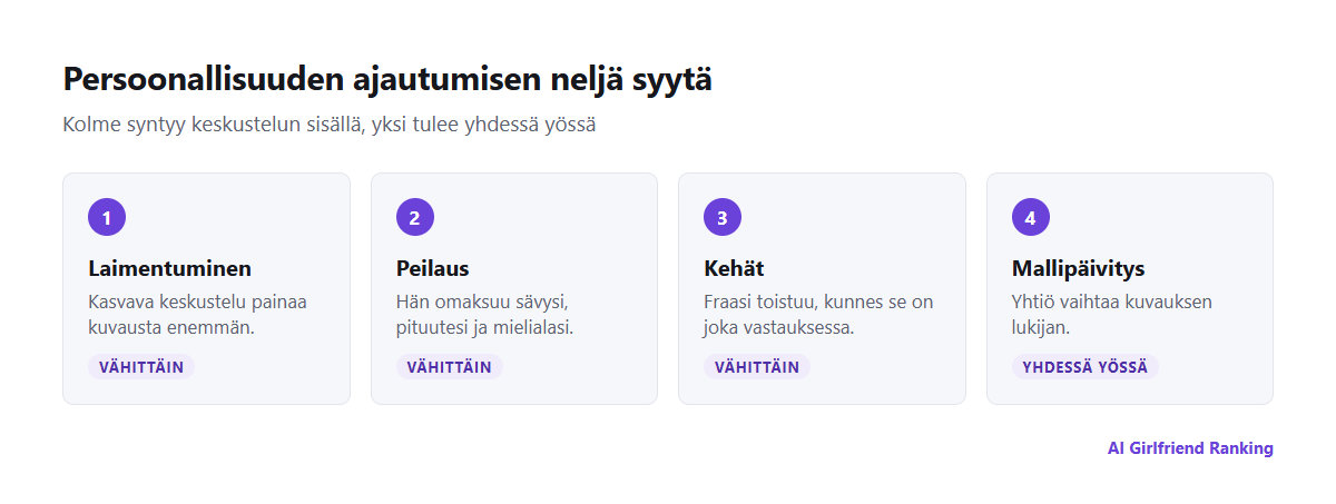 Persoonallisuuden ajautumisen neljä syytä: pitkän keskustelun aiheuttama laimentuminen, käyttäjän peilaus, toistuvat kehät ja yhtiön tekemät mallipäivitykset