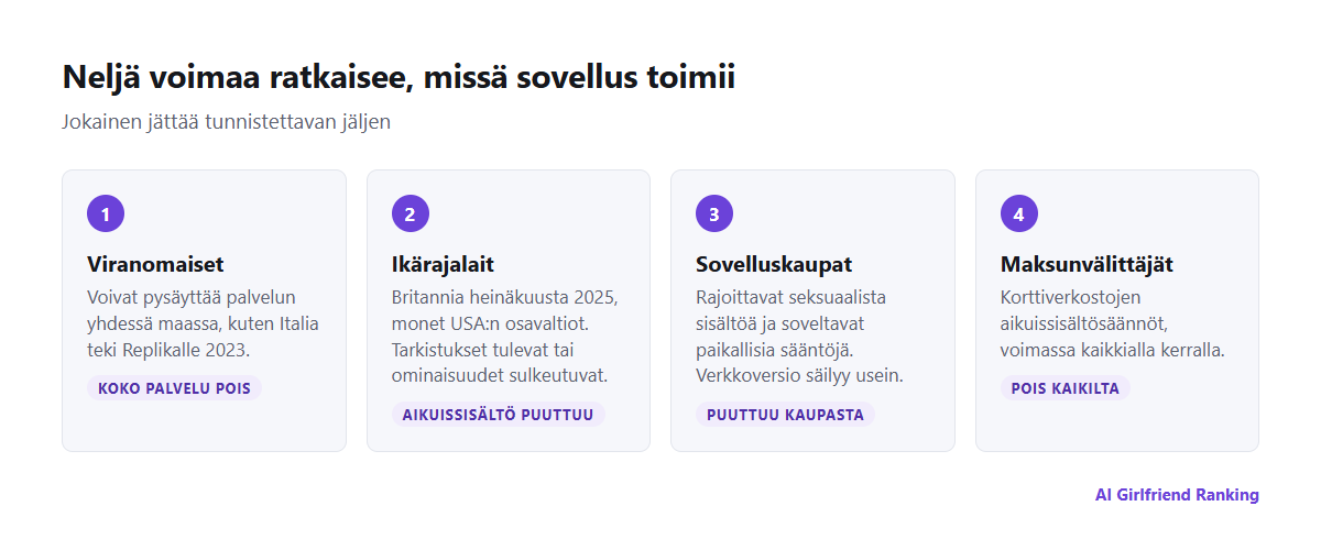 Neljä voimaa, jotka rajoittavat tekoälykumppanisovelluksia maittain: viranomaiset, ikärajalait, sovelluskaupat ja maksunvälittäjät