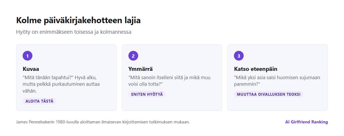 Kolme päiväkirjakehotteen lajia tekoälykumppanille: kuvaavat kehotteet, tapahtumia ymmärtävät kehotteet ja eteenpäin katsovat kehotteet, kustakin esimerkki