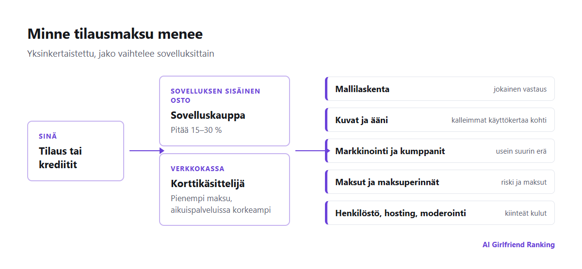 Kaavio siitä, miten raha kulkee tekoälykumppanisovelluksessa: käyttäjä maksaa sovelluskaupan tai verkkokassan kautta, kauppa ottaa provision, ja yhtiö maksaa mallilaskennasta, kuvien ja äänen luonnista, maksujen käsittelystä, kumppanipalkkioista ja henkilöstöstä