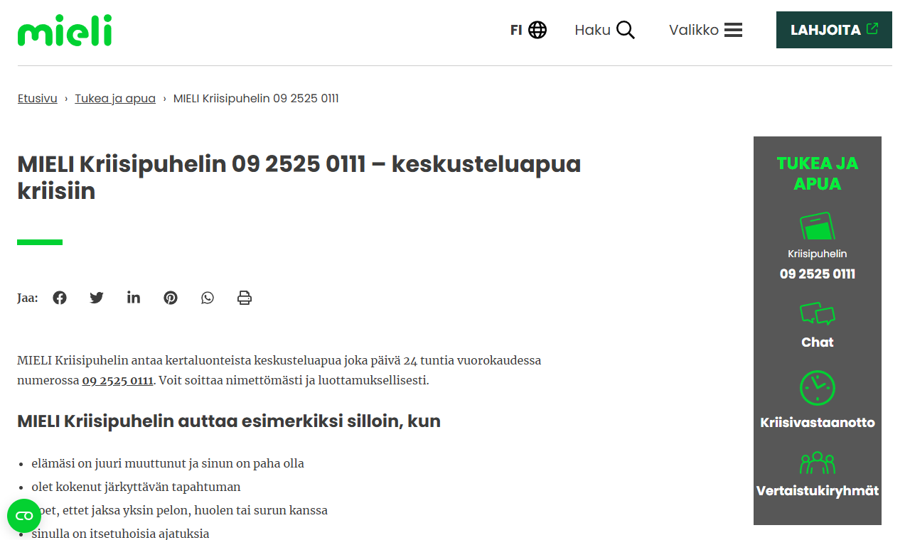 MIELI ry:n Kriisipuhelin-sivu