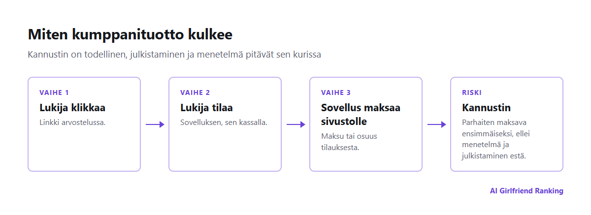 Miten kumppanituotto kulkee lukijan tilauksesta sovelluksen kautta arvostelusivustolle ja missä arvostelun vääristämisen kannustin syntyy