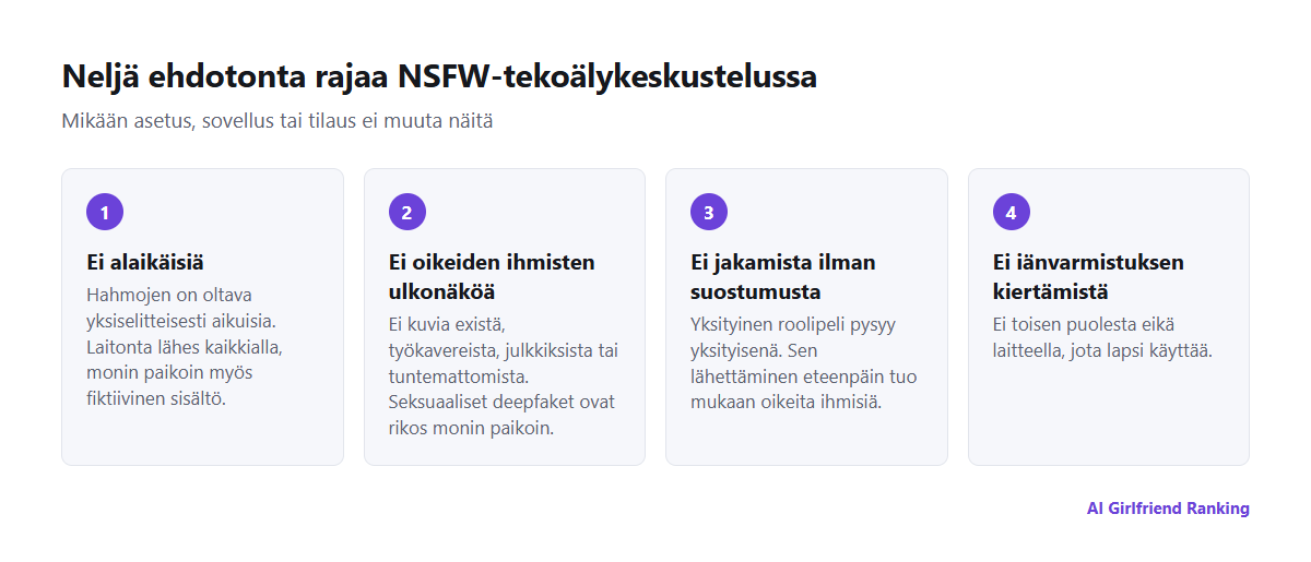 Neljä ehdotonta rajaa NSFW-tekoälykeskustelussa: ei alaikäisiä, ei oikeiden ihmisten ulkonäköä, ei jakamista ilman suostumusta eikä iänvarmistuksen kiertämistä