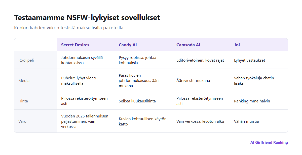 Miten testaamamme NSFW-kykyiset sovellukset vertautuvat roolipelin johdonmukaisuudessa, kuvissa ja äänessä, editorissa ja rajoissa, hinnassa ja alustassa