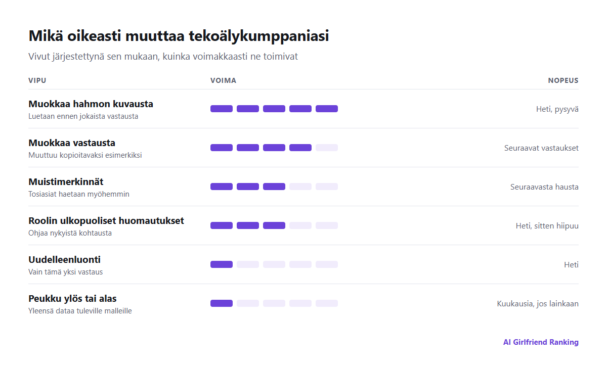 Tekoälykumppanin muokkaamisen vivut järjestettynä sen mukaan, kuinka nopeasti ja voimakkaasti ne toimivat: hahmon muokkaus, vastausten muokkaus, muistimerkinnät, uudelleenluonti, roolin ulkopuoliset huomautukset ja arviot