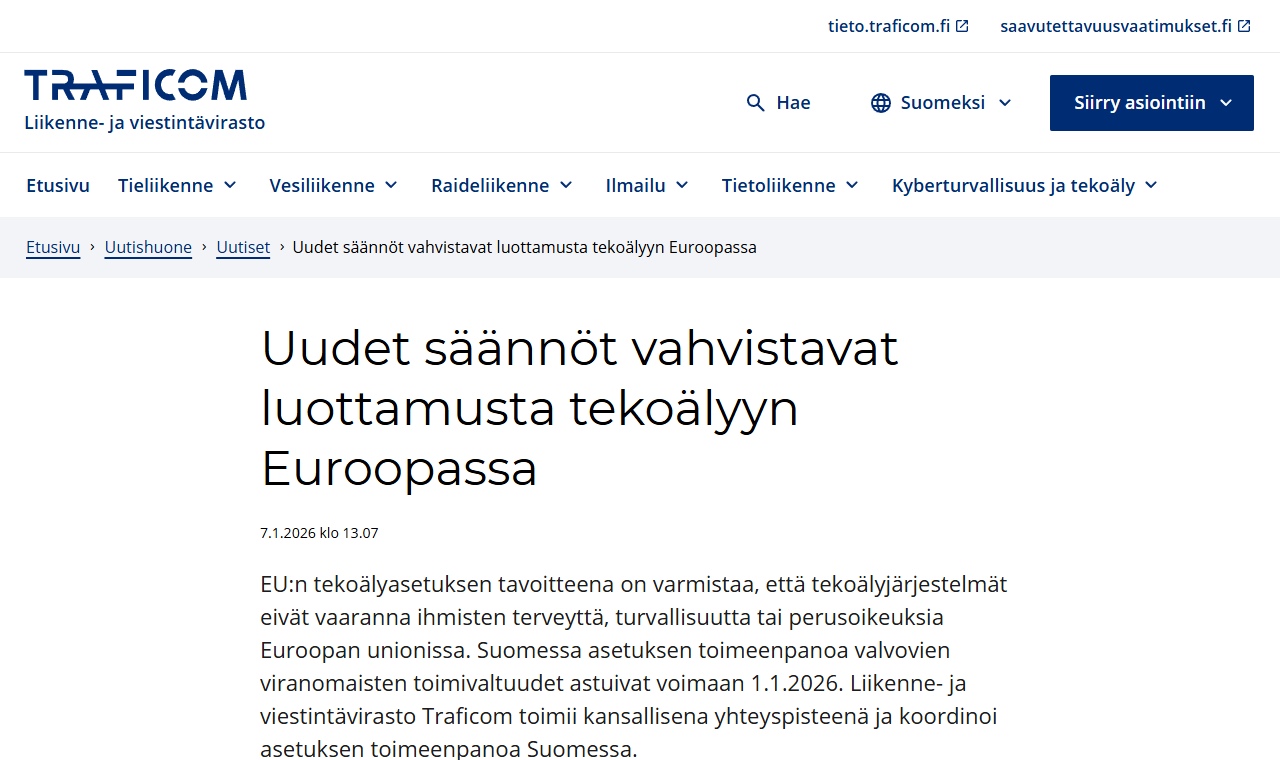 Liikenne- ja viestintävirasto Traficomin uutinen tekoälyn valvontaa koskevista uusista säännöistä