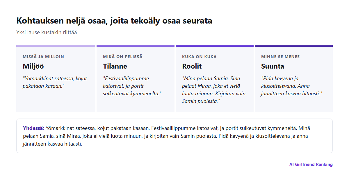 Kaavio roolipelin kohtauskehotteen neljästä osasta: miljöö, tilanne, roolit ja suunta, kullakin yhden rivin esimerkki