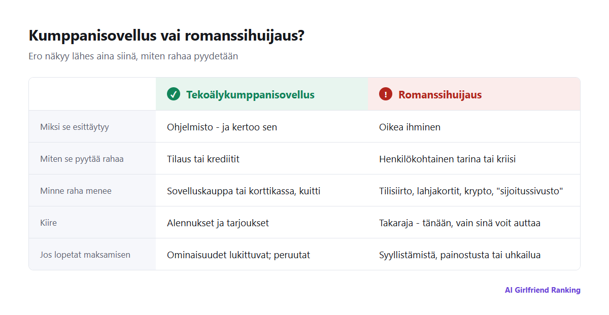 Asiallisen tekoälykumppanisovelluksen ja romanssihuijauksen vertailu viidessä kohdassa: miksi se esittäytyy, miten se ottaa rahaa, minne raha menee, kiire ja mitä tapahtuu, kun lopetat maksamisen