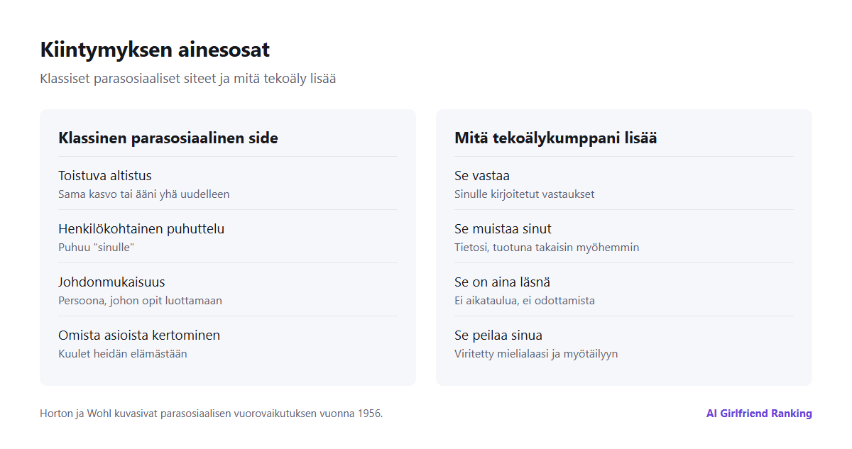 Kaavio kiintymyksen ainesosista: klassiset parasosiaaliset tekijät eli toisto, henkilökohtainen puhuttelu ja johdonmukaisuus sekä tekoälyn lisäykset eli vastaukset, sinun muistaminen ja jatkuva saatavuus