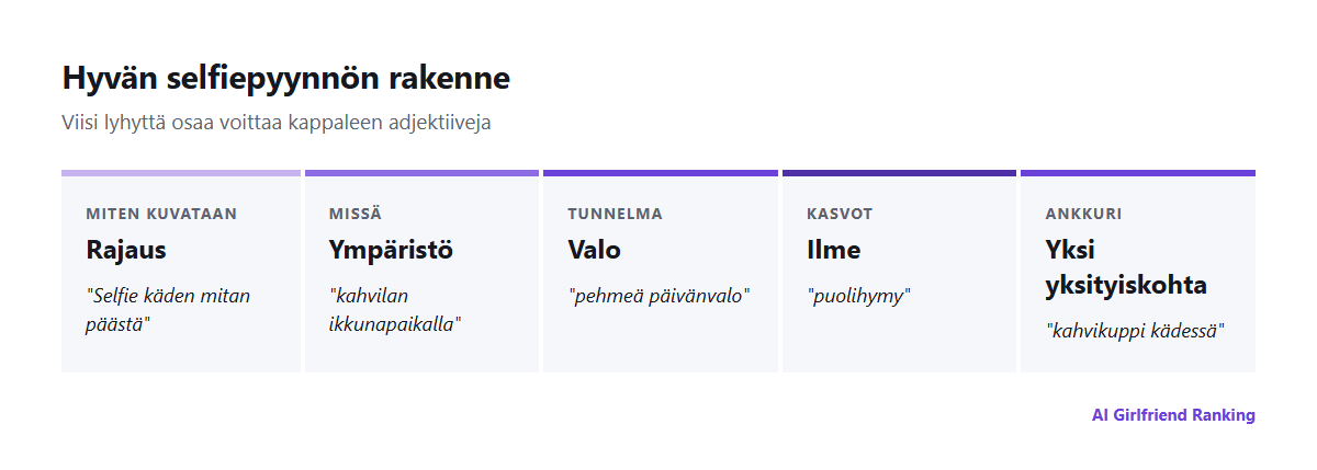 Tekoälyselfien pyynnön rakenne: rajaus, ympäristö, valo, ilme ja yksi yksityiskohta, kustakin esimerkki